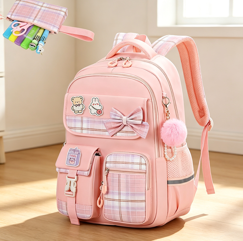 Plaid Bow Pink Girls School Backpack Set