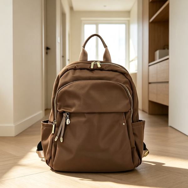 Walnut Brown Nylon Backpack with Gold Hardware