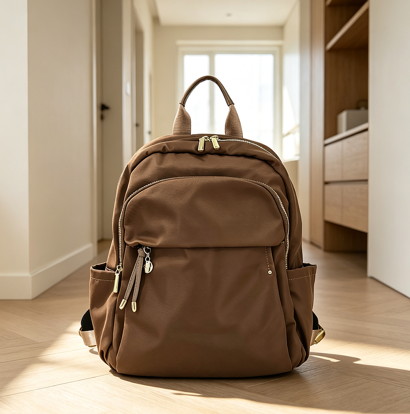 Walnut Brown Nylon Backpack with Gold Hardware