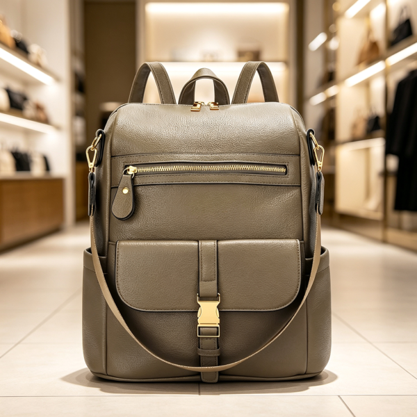 Khaki Leather Backpack with Anti-Theft Lock