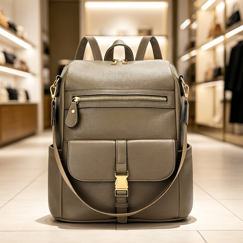 Khaki Leather Backpack with Anti-Theft Lock