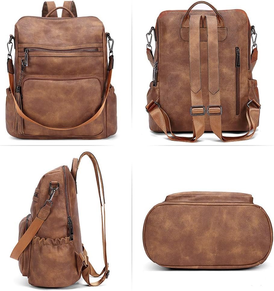 Brown Large Leather Backpack with Tassel - Image 2
