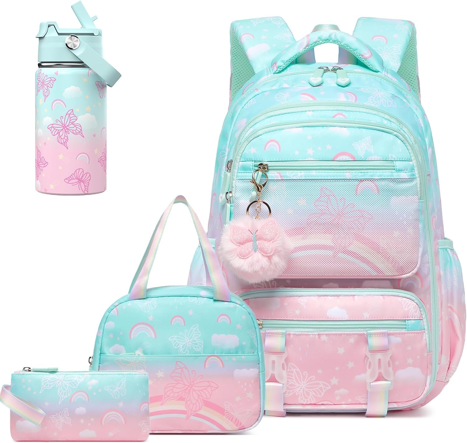 Rainbow Butterfly Girls School Backpack Set