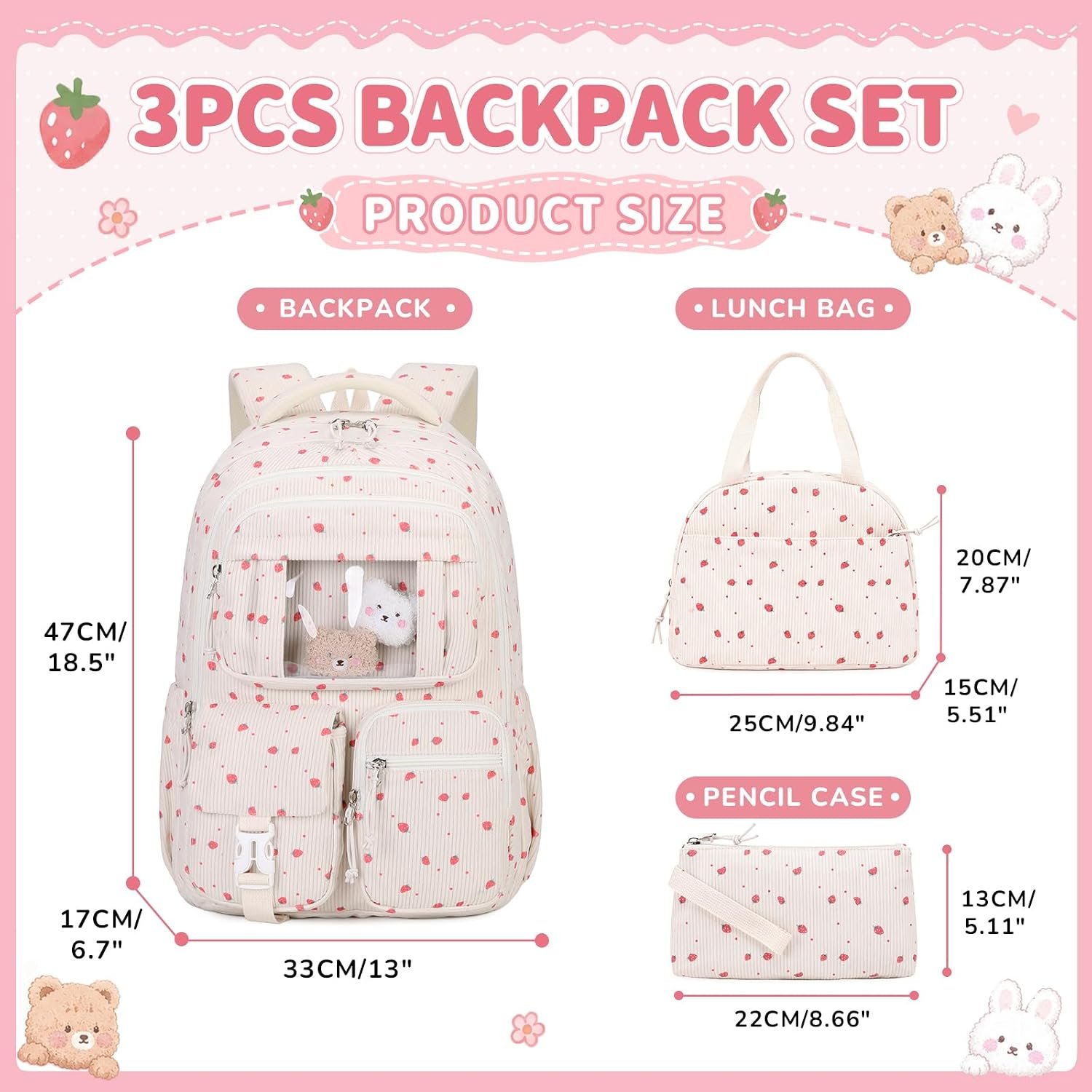 Corduroy Strawberry Print School Backpack Set - Image 2