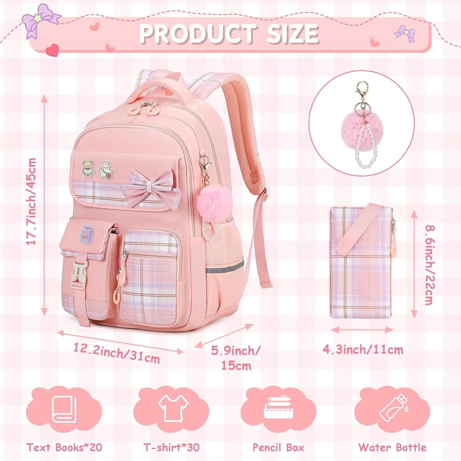 Plaid Bow Pink Girls School Backpack Set - Image 2