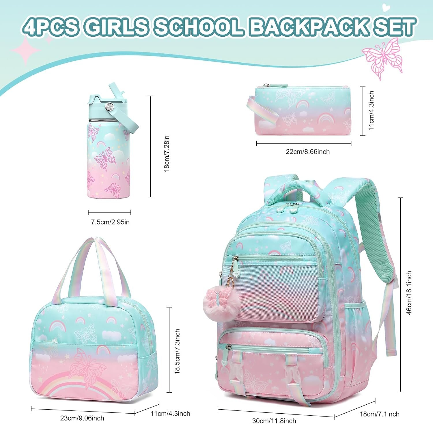 Rainbow Butterfly Girls School Backpack Set - Image 2