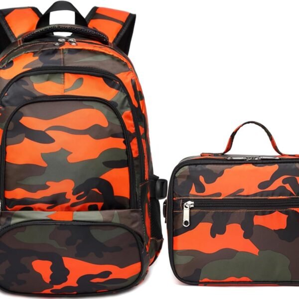 Boys Camo Orange School Backpack Set
