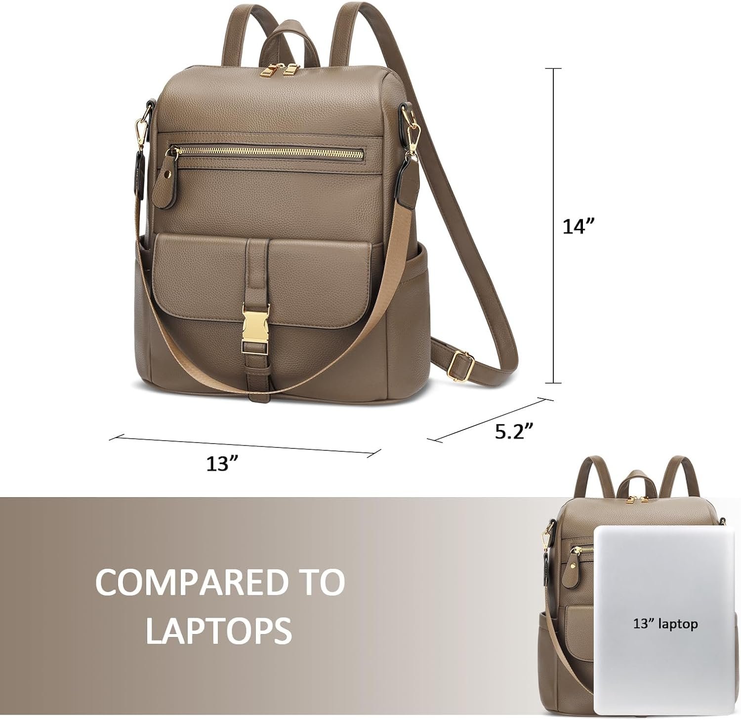 Khaki Leather Backpack with Anti-Theft Lock - Image 2