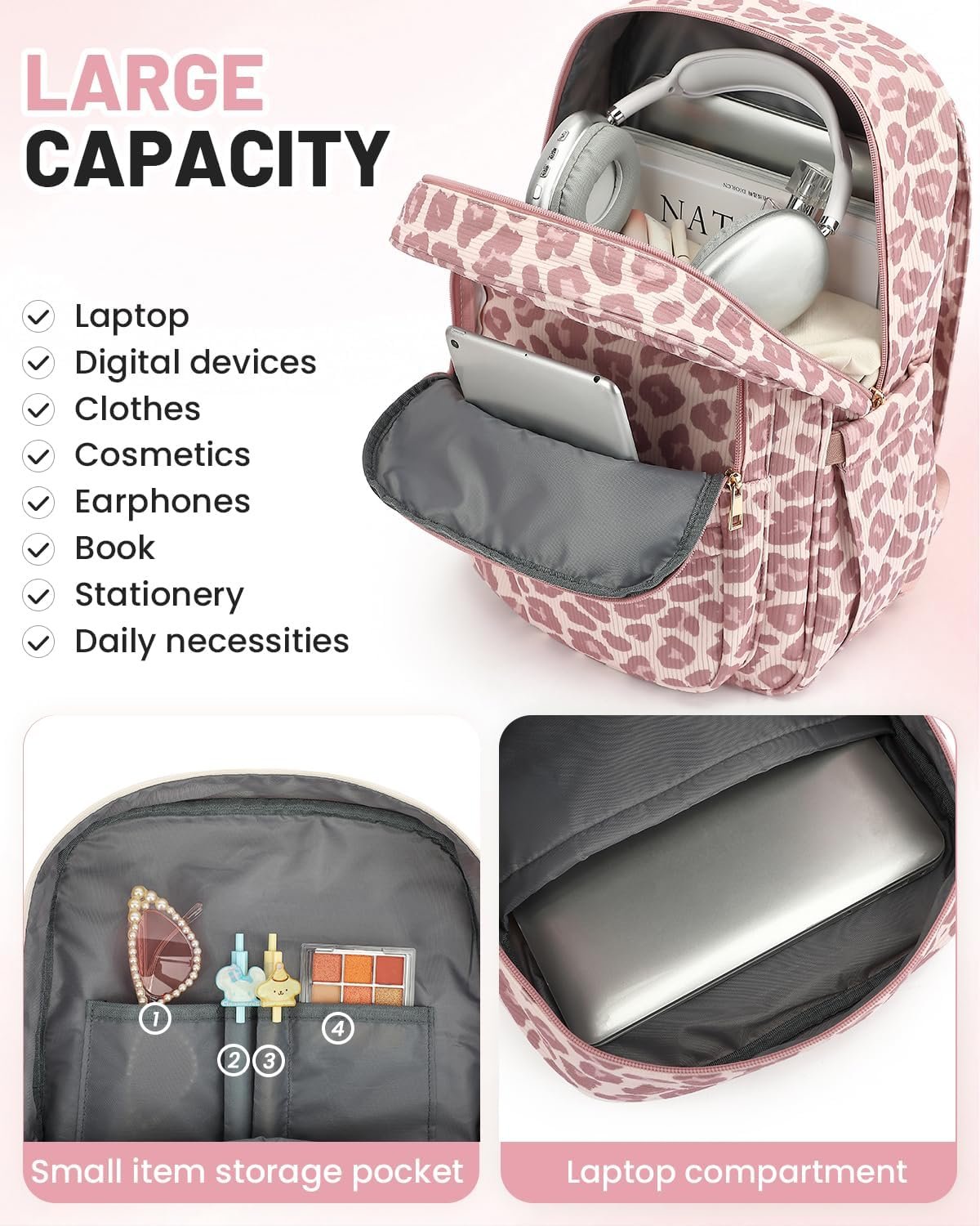 Corduroy Leopard Print Laptop Women Backpack - Image 2