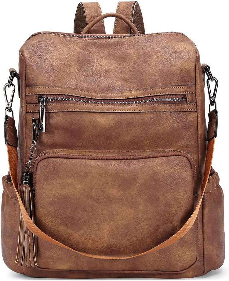 Brown Large Leather Backpack with Tassel