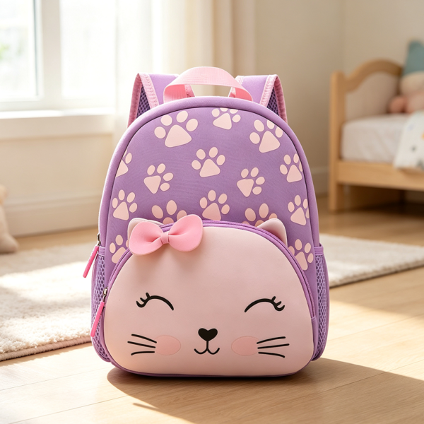 Neoprene Purple Cat Preschool School Bag