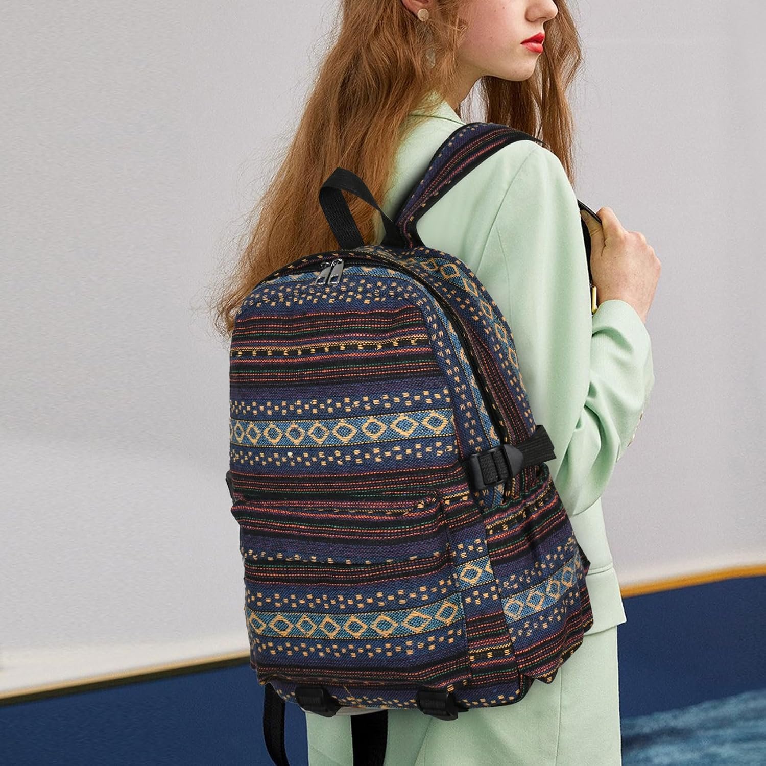 Dark Blue Boho Ethnic Women Backpack - Image 2