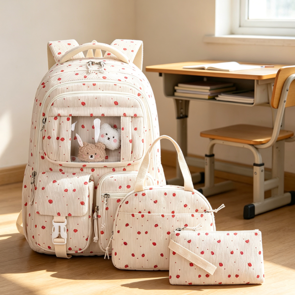 Corduroy Strawberry Print School Backpack Set