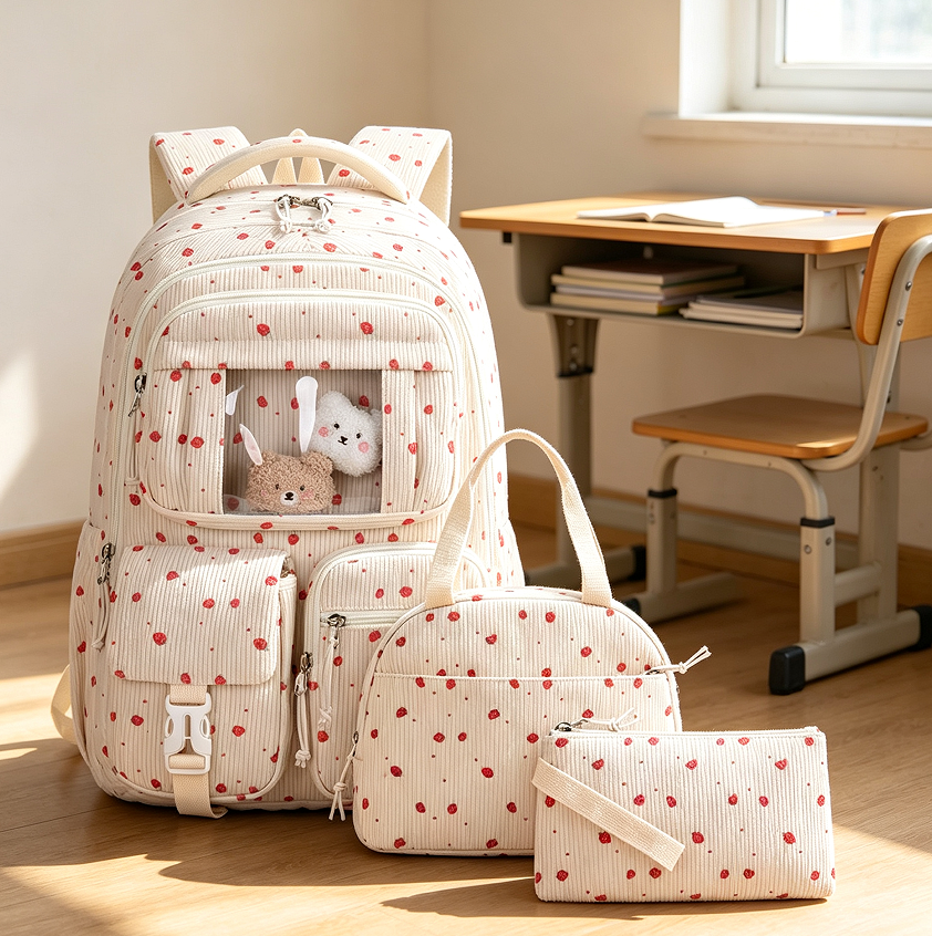Corduroy Strawberry Print School Backpack Set